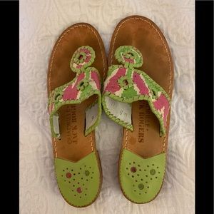 Jack Rogers pink and green fabric sandals.
